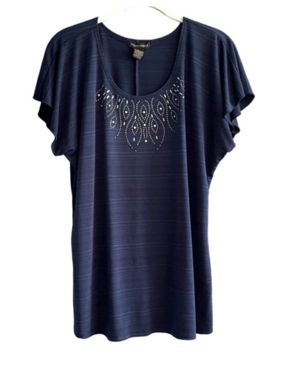 Susan Lawrence Flutter Sleeve Blouse Embellished Neckline Dark Blue Size XL